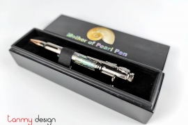 Black pen box included with blue mother of pearl pen, nickel with latch